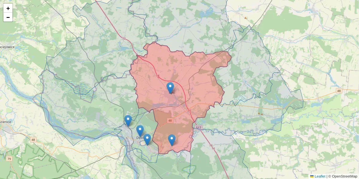 Szczegółowa mapa kodu pocztowego 08-500 z granicami, sąsiednimi kodami pocztowymi i urzędami pocztowymi