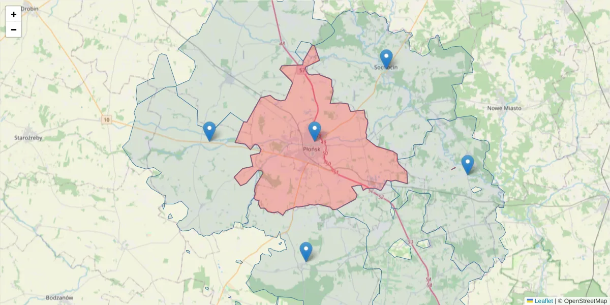 Szczegółowa mapa kodu pocztowego 09-100 z granicami, sąsiednimi kodami pocztowymi i urzędami pocztowymi