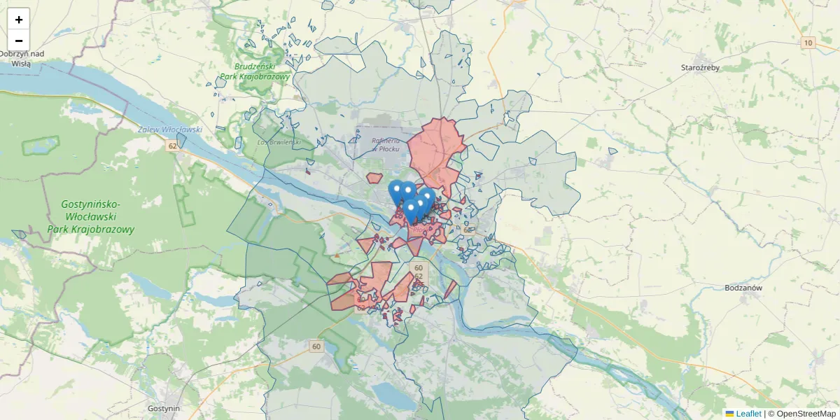 Szczegółowa mapa kodu pocztowego 09-402 z granicami, sąsiednimi kodami pocztowymi i urzędami pocztowymi