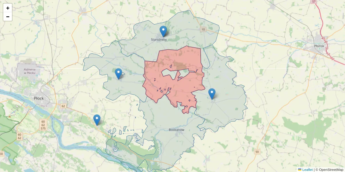 Szczegółowa mapa kodu pocztowego 09-452 z granicami, sąsiednimi kodami pocztowymi i urzędami pocztowymi