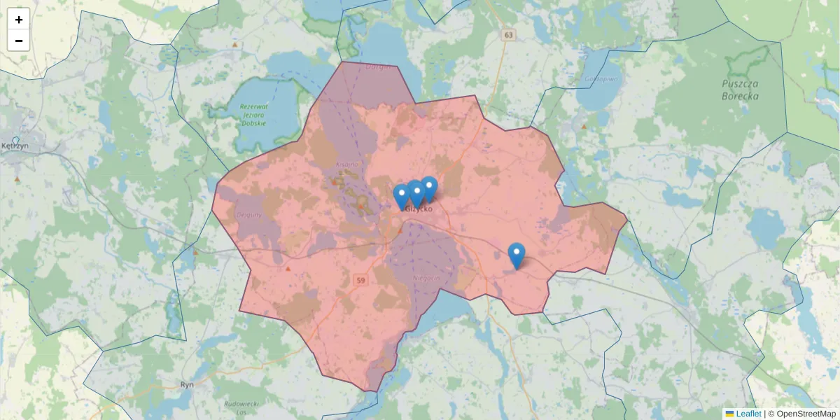 Szczegółowa mapa kodu pocztowego 11-500 z granicami, sąsiednimi kodami pocztowymi i urzędami pocztowymi