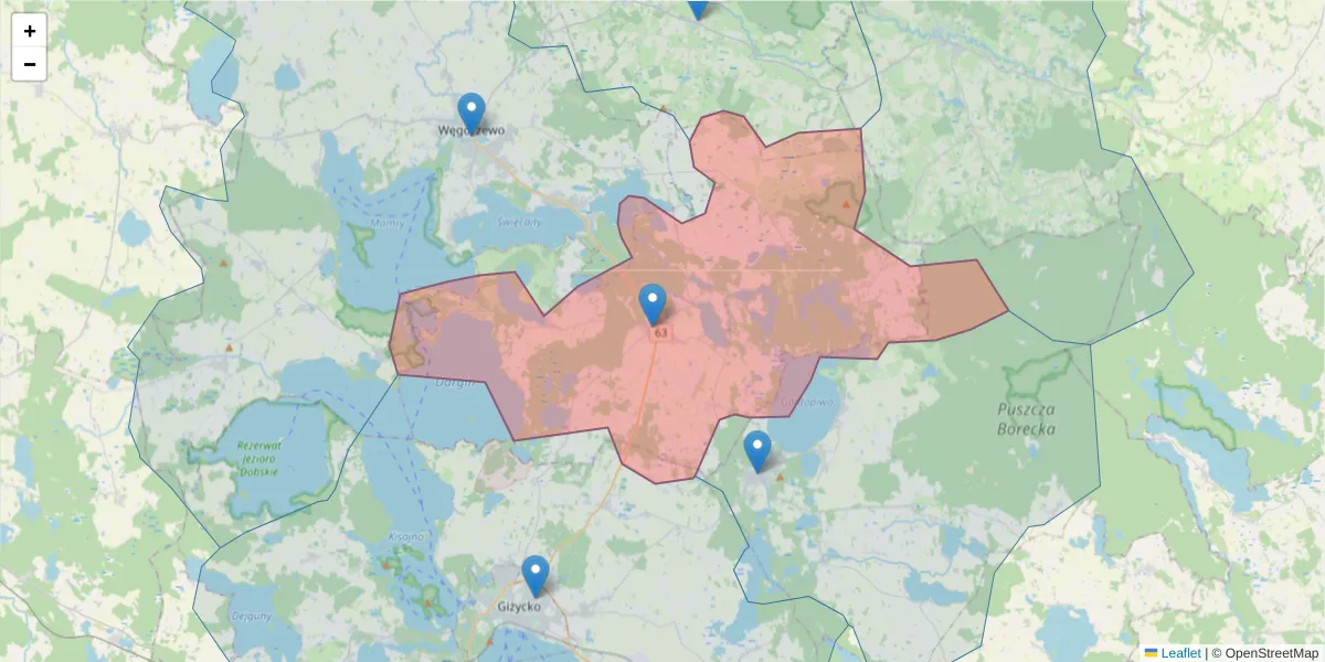 Szczegółowa mapa kodu pocztowego 11-610 z granicami, sąsiednimi kodami pocztowymi i urzędami pocztowymi