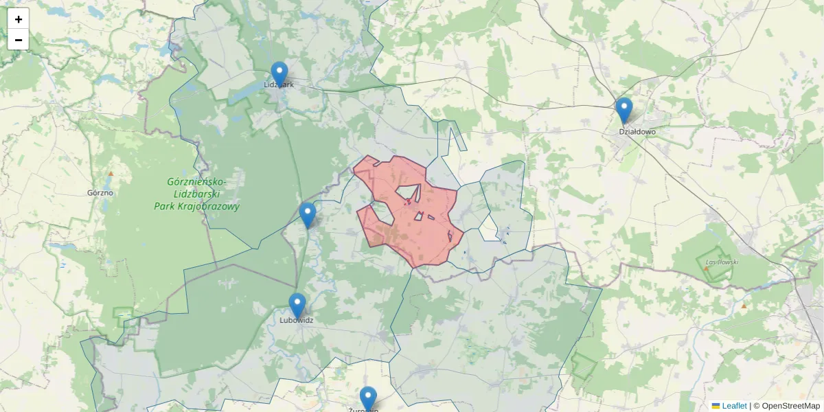 Szczegółowa mapa kodu pocztowego 13-203 z granicami, sąsiednimi kodami pocztowymi i urzędami pocztowymi
