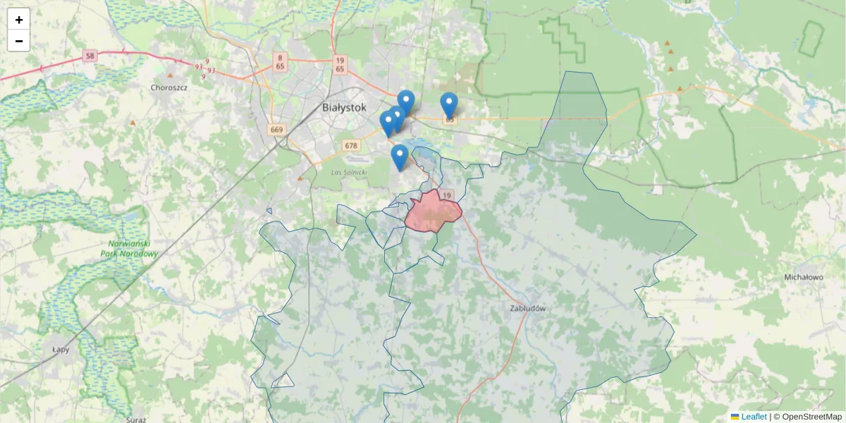 Szczegółowa mapa kodu pocztowego 15-593 z granicami, sąsiednimi kodami pocztowymi i urzędami pocztowymi