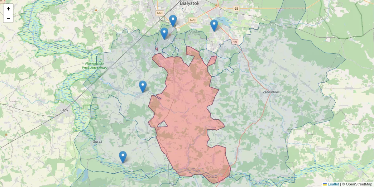 Szczegółowa mapa kodu pocztowego 16-061 z granicami, sąsiednimi kodami pocztowymi i urzędami pocztowymi