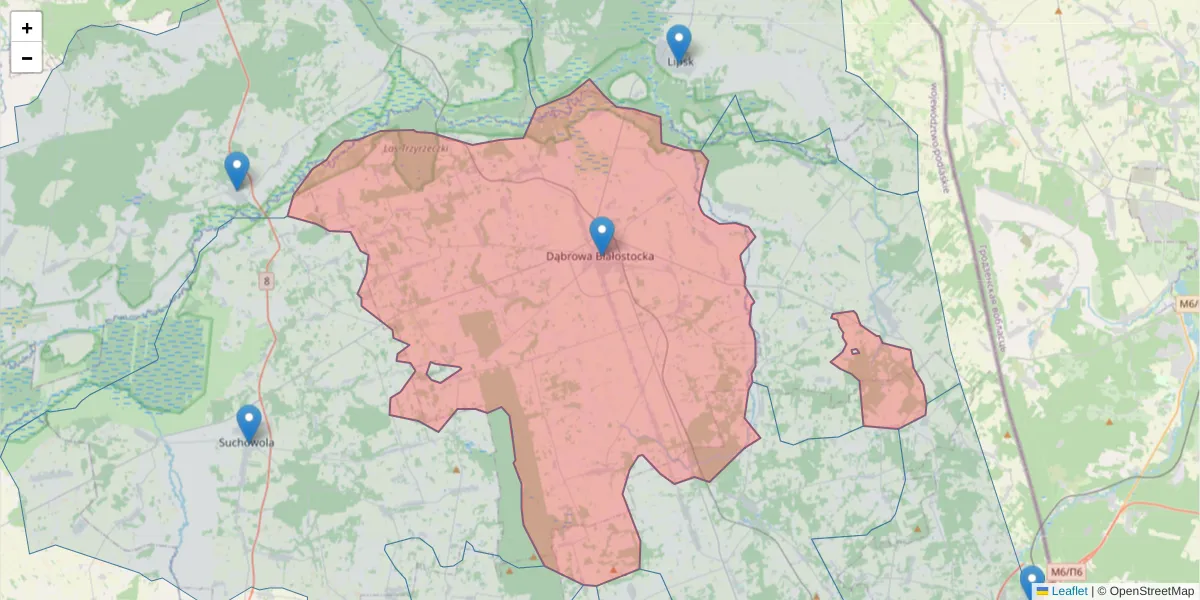 Szczegółowa mapa kodu pocztowego 16-200 z granicami, sąsiednimi kodami pocztowymi i urzędami pocztowymi