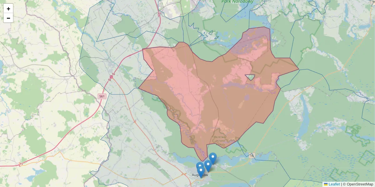 Szczegółowa mapa kodu pocztowego 16-304 z granicami, sąsiednimi kodami pocztowymi i urzędami pocztowymi