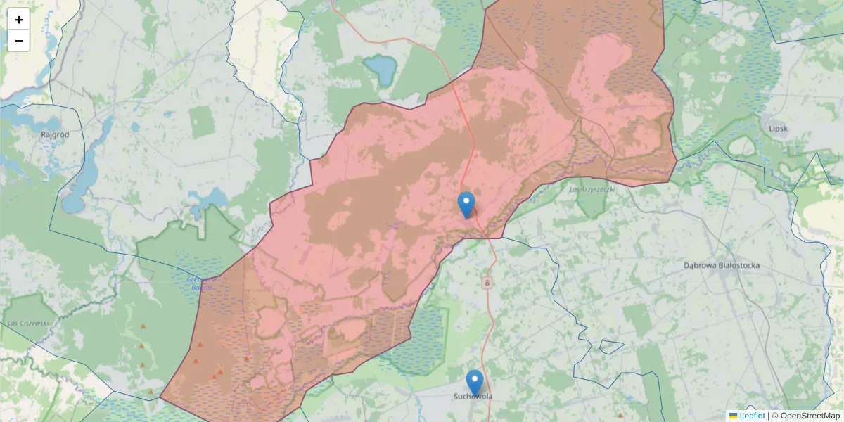 Szczegółowa mapa kodu pocztowego 16-310 z granicami, sąsiednimi kodami pocztowymi i urzędami pocztowymi