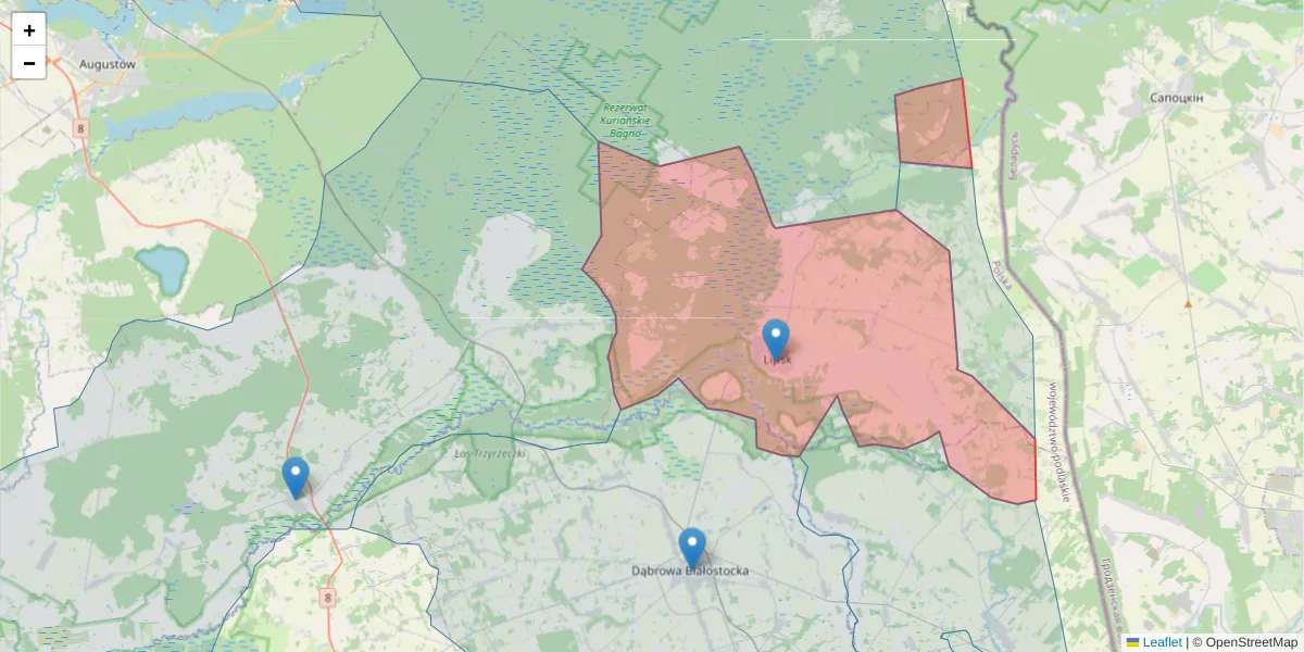 Szczegółowa mapa kodu pocztowego 16-315 z granicami, sąsiednimi kodami pocztowymi i urzędami pocztowymi