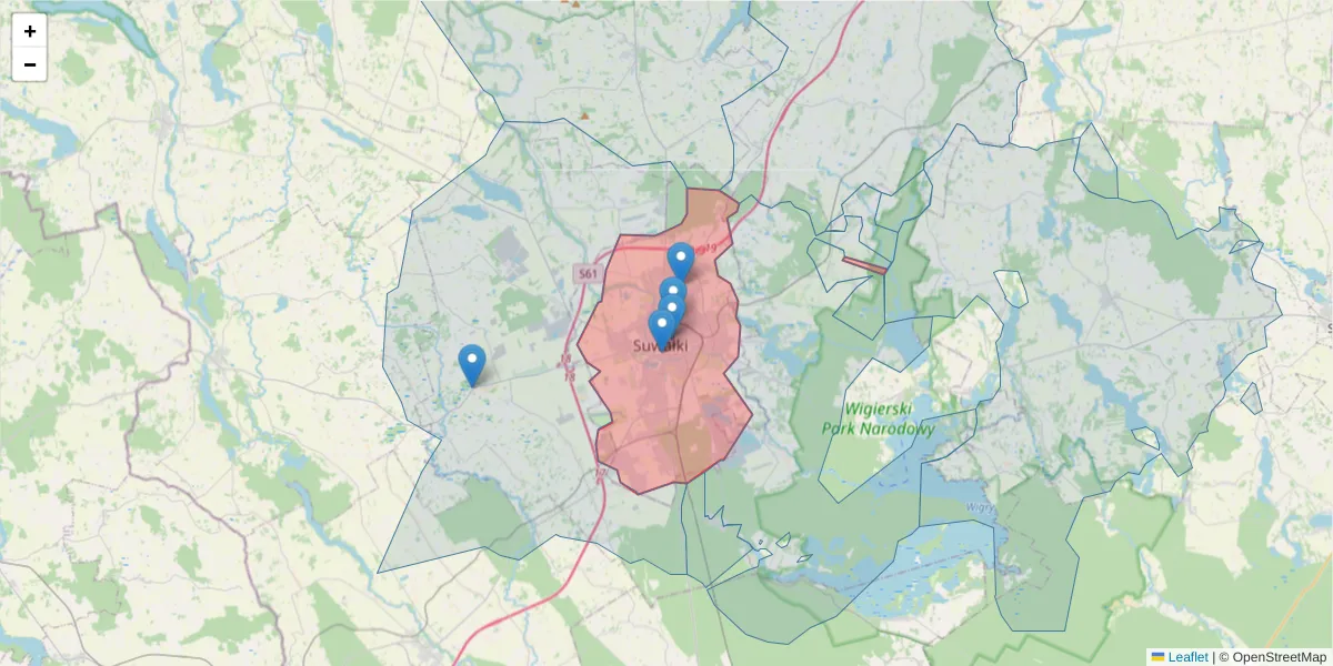 Szczegółowa mapa kodu pocztowego 16-400 z granicami, sąsiednimi kodami pocztowymi i urzędami pocztowymi
