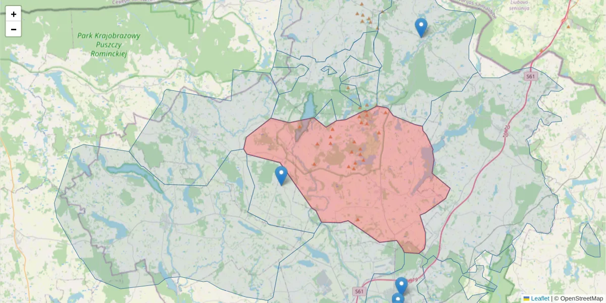 Szczegółowa mapa kodu pocztowego 16-404 z granicami, sąsiednimi kodami pocztowymi i urzędami pocztowymi