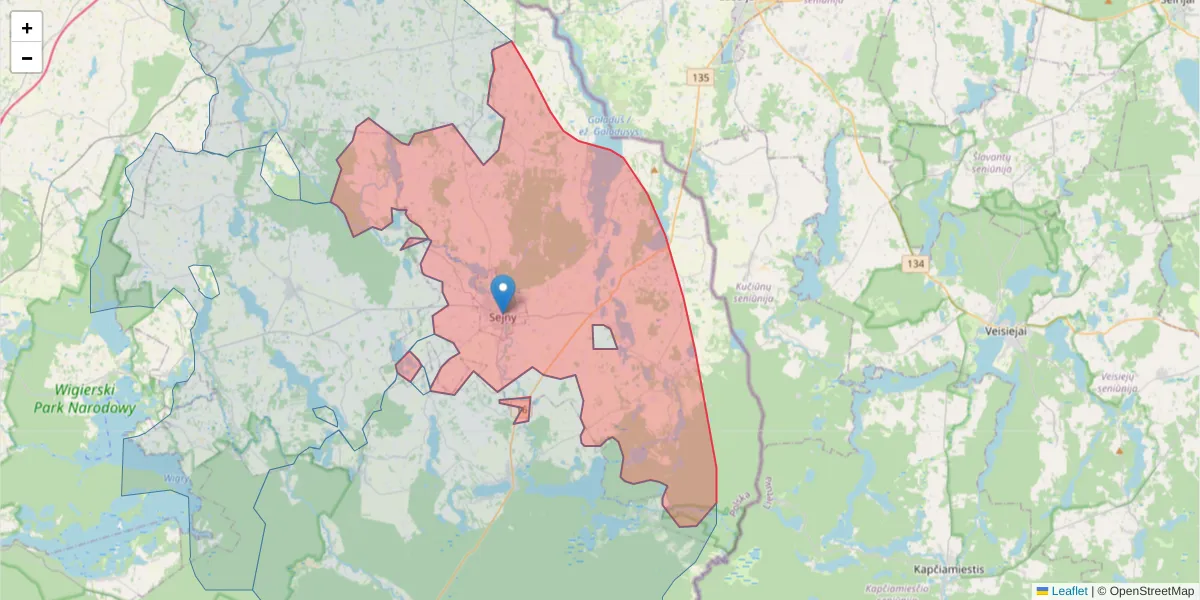 Szczegółowa mapa kodu pocztowego 16-500 z granicami, sąsiednimi kodami pocztowymi i urzędami pocztowymi