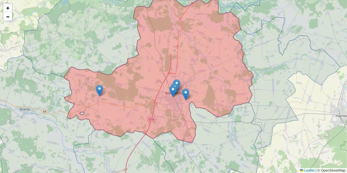 Szczegółowa mapa kodu pocztowego 17-100 z granicami, sąsiednimi kodami pocztowymi i urzędami pocztowymi