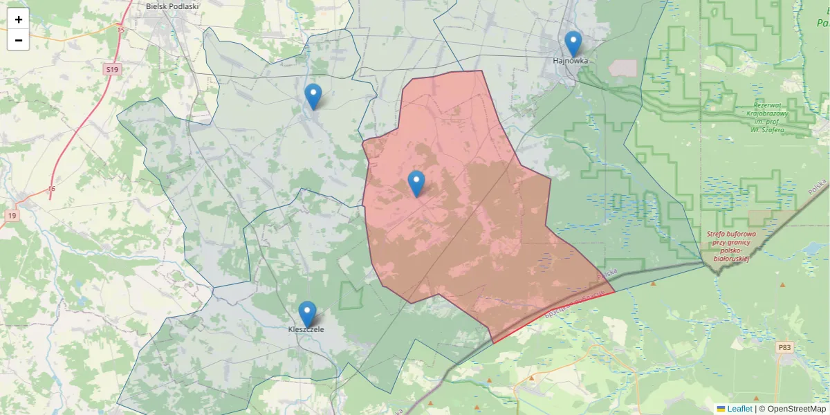 Szczegółowa mapa kodu pocztowego 17-204 z granicami, sąsiednimi kodami pocztowymi i urzędami pocztowymi