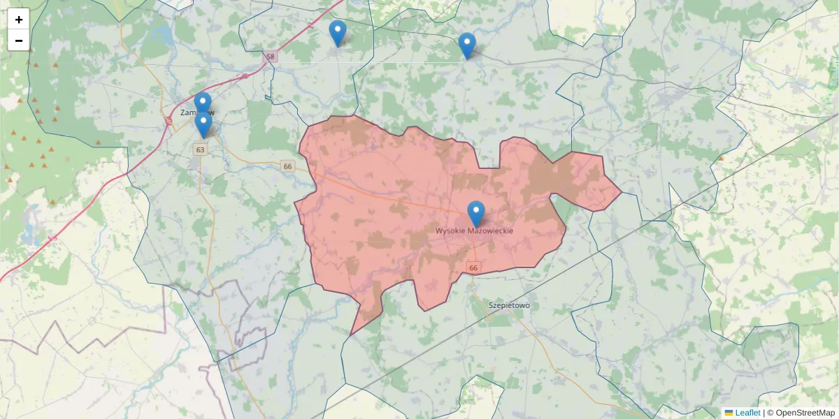 Szczegółowa mapa kodu pocztowego 18-200 z granicami, sąsiednimi kodami pocztowymi i urzędami pocztowymi