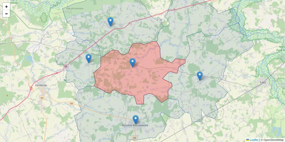 Szczegółowa mapa kodu pocztowego 18-208 z granicami, sąsiednimi kodami pocztowymi i urzędami pocztowymi