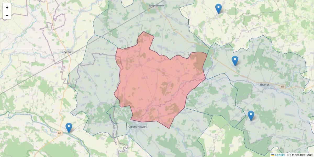 Szczegółowa mapa kodu pocztowego 18-214 z granicami, sąsiednimi kodami pocztowymi i urzędami pocztowymi
