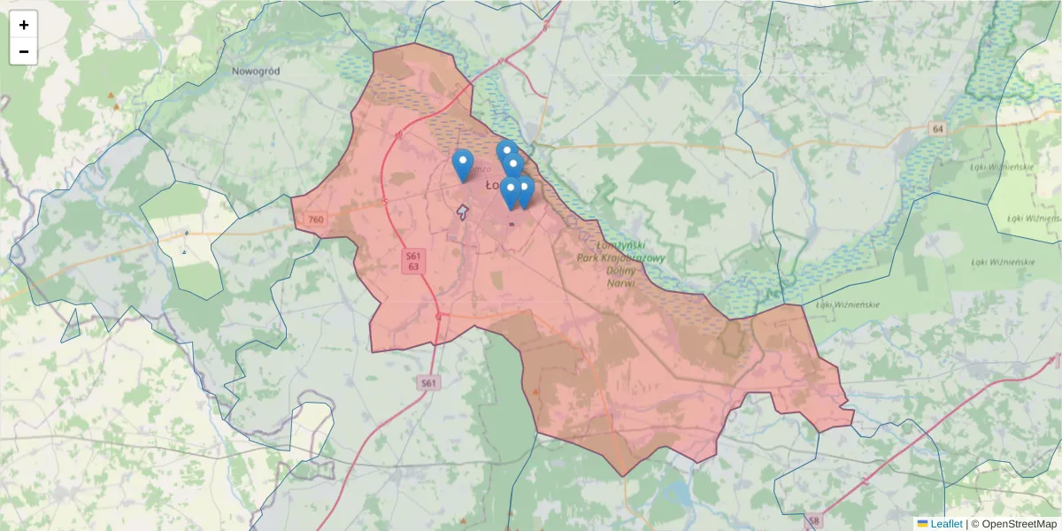 Szczegółowa mapa kodu pocztowego 18-400 z granicami, sąsiednimi kodami pocztowymi i urzędami pocztowymi
