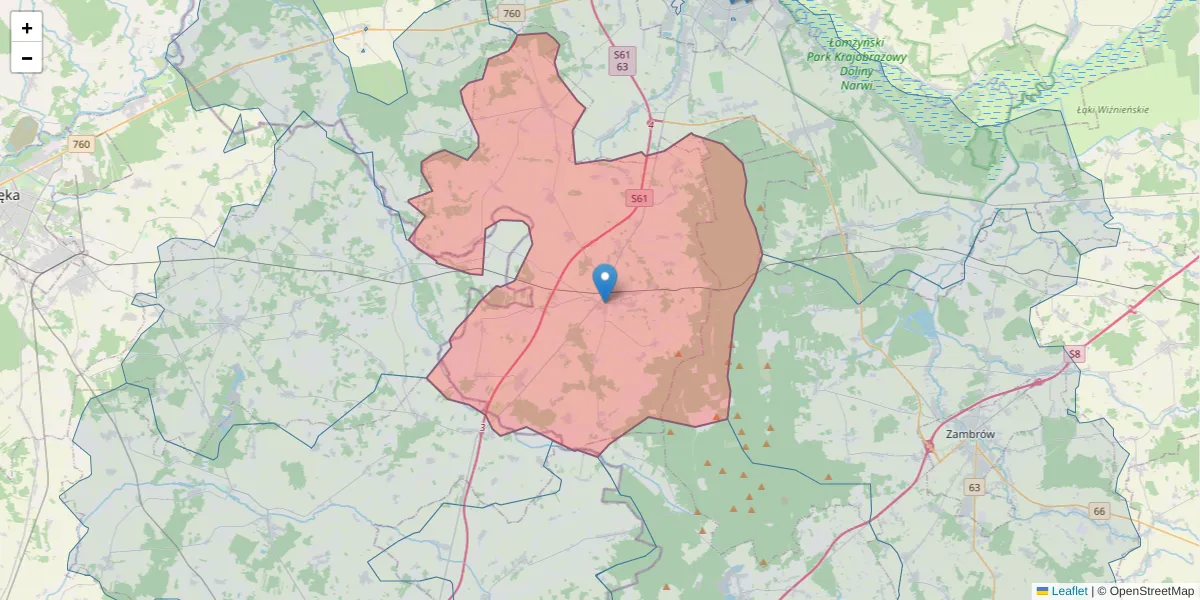 Szczegółowa mapa kodu pocztowego 18-411 z granicami, sąsiednimi kodami pocztowymi i urzędami pocztowymi