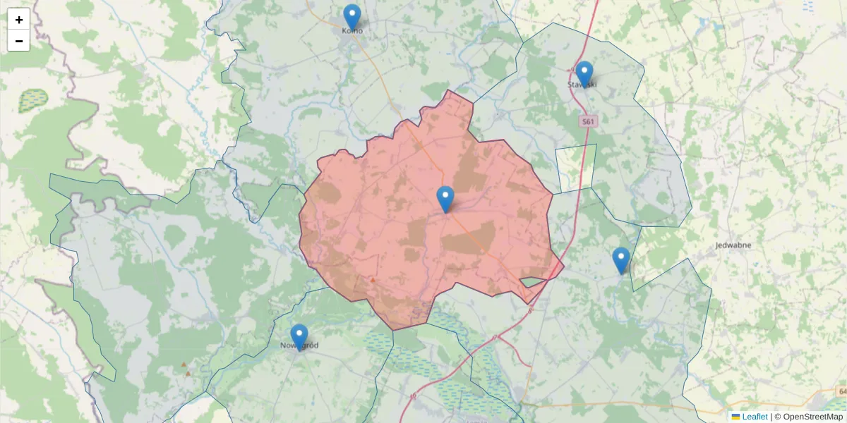 Szczegółowa mapa kodu pocztowego 18-516 z granicami, sąsiednimi kodami pocztowymi i urzędami pocztowymi