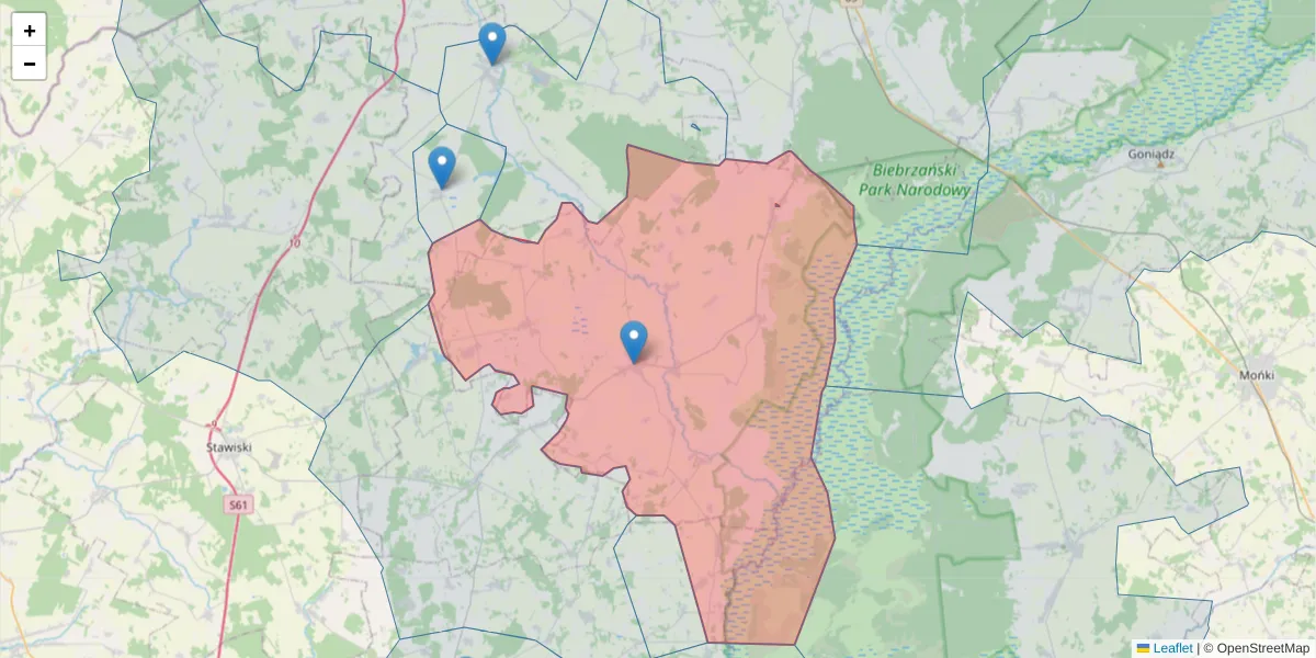 Szczegółowa mapa kodu pocztowego 19-213 z granicami, sąsiednimi kodami pocztowymi i urzędami pocztowymi