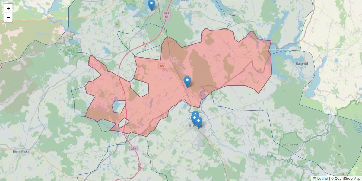Szczegółowa mapa kodu pocztowego 19-335 z granicami, sąsiednimi kodami pocztowymi i urzędami pocztowymi