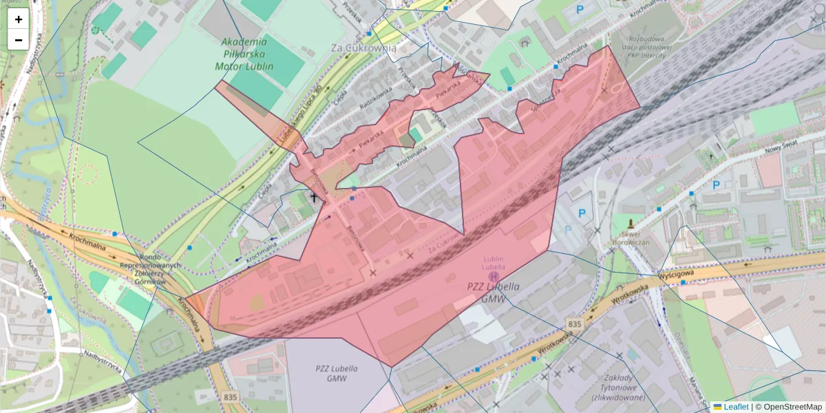 Szczegółowa mapa kodu pocztowego 20-402 z granicami, sąsiednimi kodami pocztowymi i urzędami pocztowymi