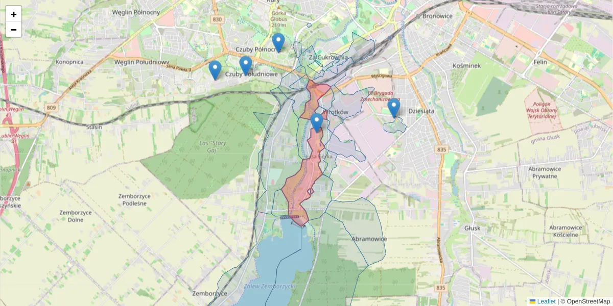 Szczegółowa mapa kodu pocztowego 20-470 z granicami, sąsiednimi kodami pocztowymi i urzędami pocztowymi