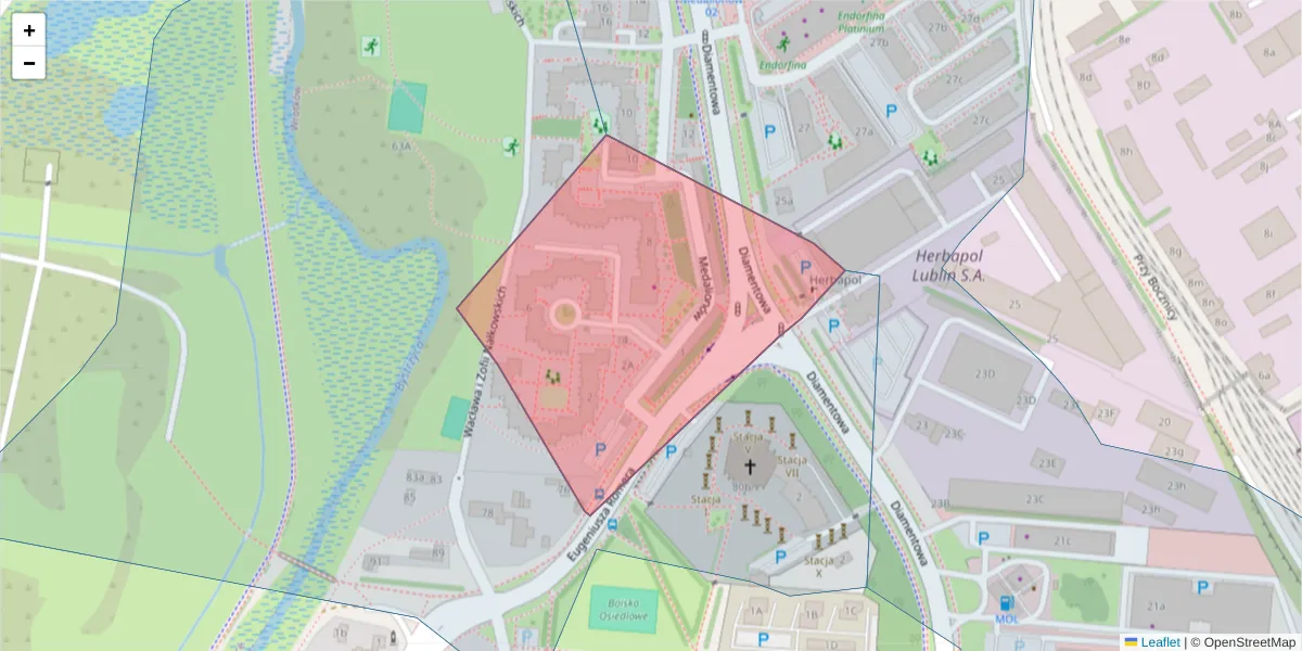 Szczegółowa mapa kodu pocztowego 20-486 z granicami, sąsiednimi kodami pocztowymi i urzędami pocztowymi