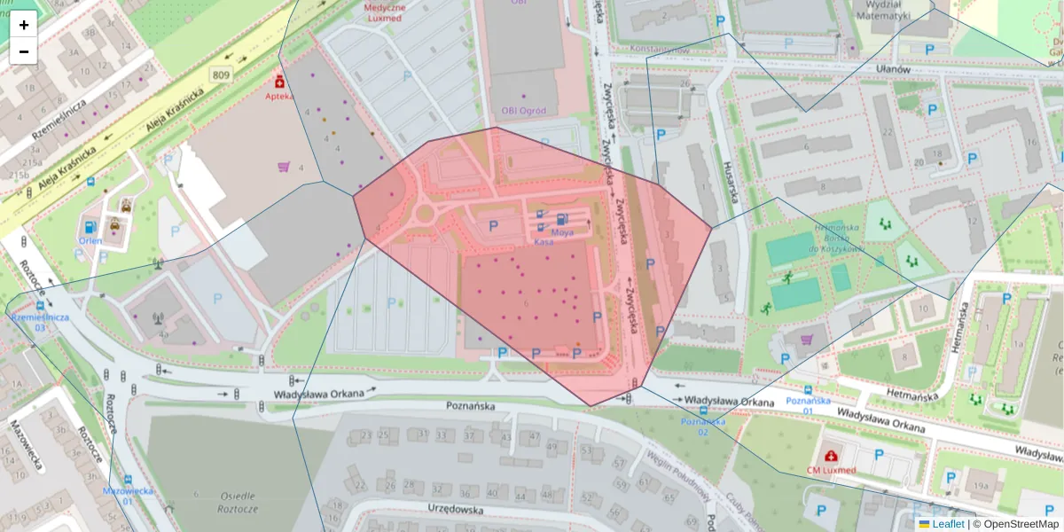 Szczegółowa mapa kodu pocztowego 20-504 z granicami, sąsiednimi kodami pocztowymi i urzędami pocztowymi