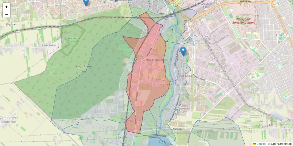 Szczegółowa mapa kodu pocztowego 20-509 z granicami, sąsiednimi kodami pocztowymi i urzędami pocztowymi