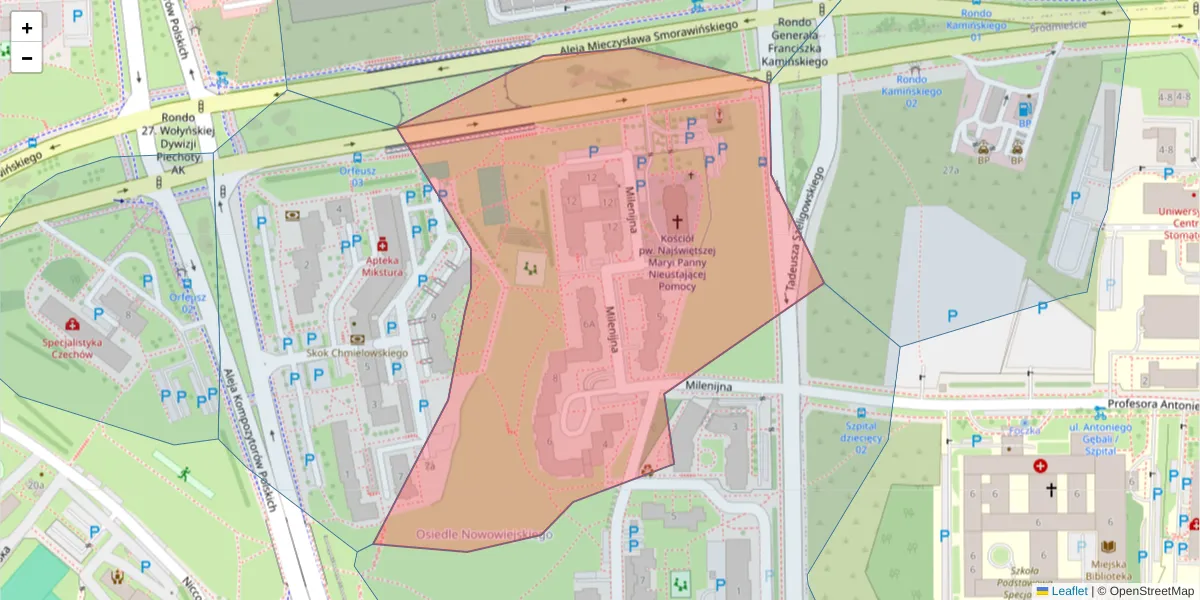 Szczegółowa mapa kodu pocztowego 20-884 z granicami, sąsiednimi kodami pocztowymi i urzędami pocztowymi
