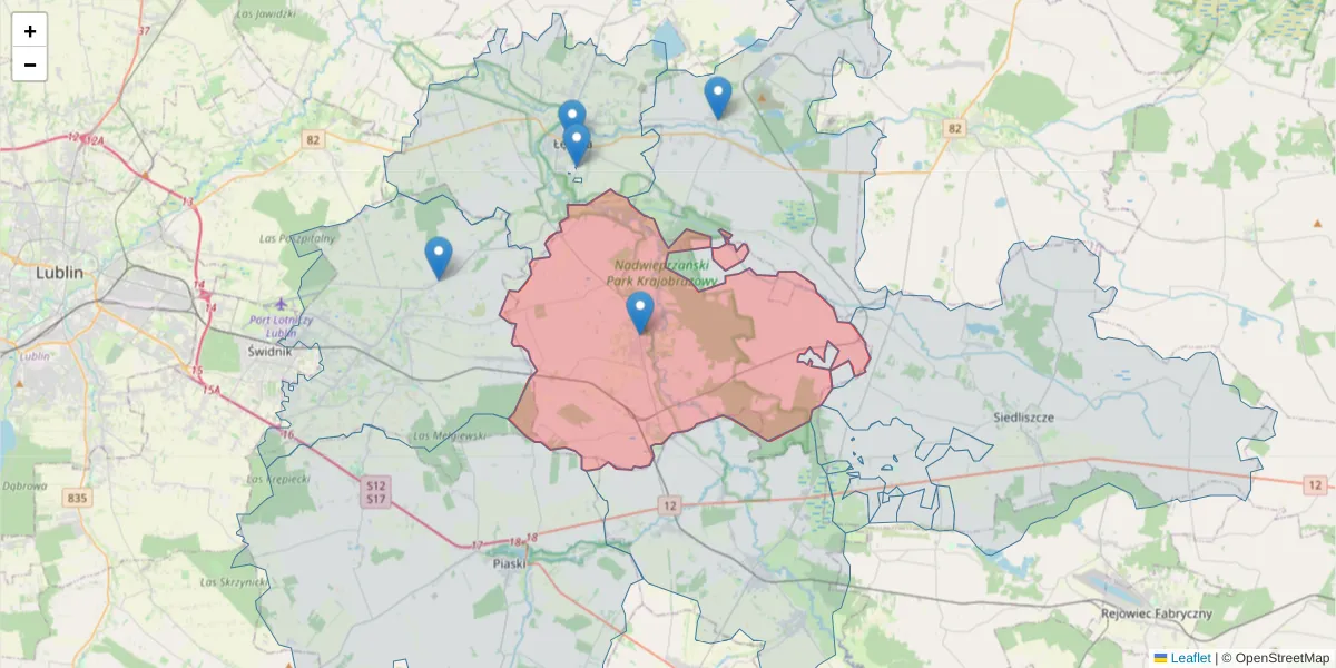 Szczegółowa mapa kodu pocztowego 21-020 z granicami, sąsiednimi kodami pocztowymi i urzędami pocztowymi