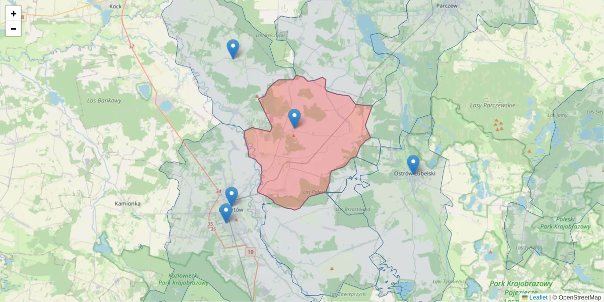 Szczegółowa mapa kodu pocztowego 21-104 z granicami, sąsiednimi kodami pocztowymi i urzędami pocztowymi