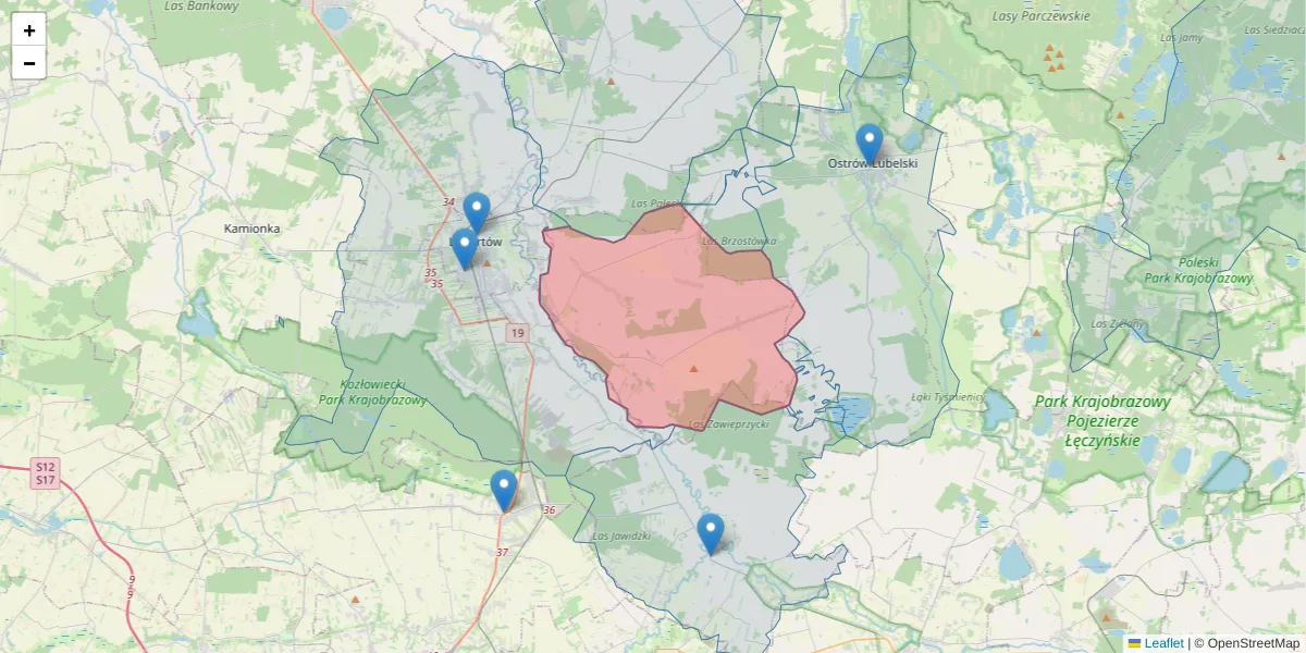 Szczegółowa mapa kodu pocztowego 21-107 z granicami, sąsiednimi kodami pocztowymi i urzędami pocztowymi