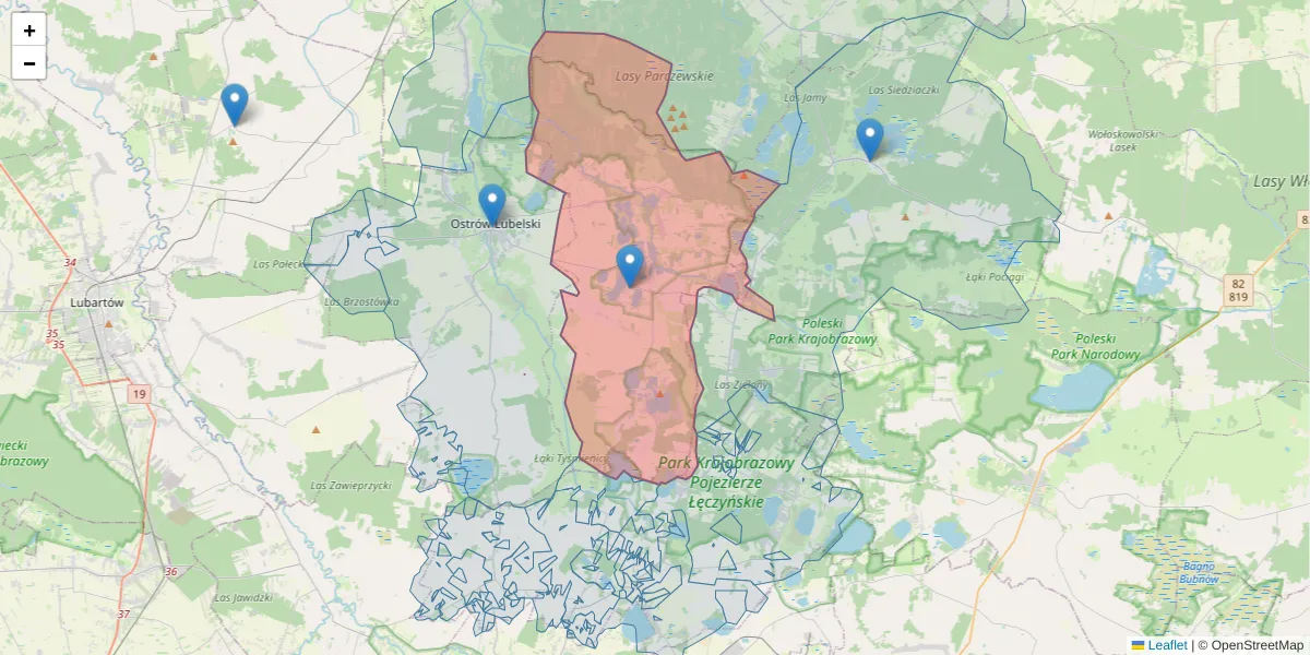 Szczegółowa mapa kodu pocztowego 21-109 z granicami, sąsiednimi kodami pocztowymi i urzędami pocztowymi