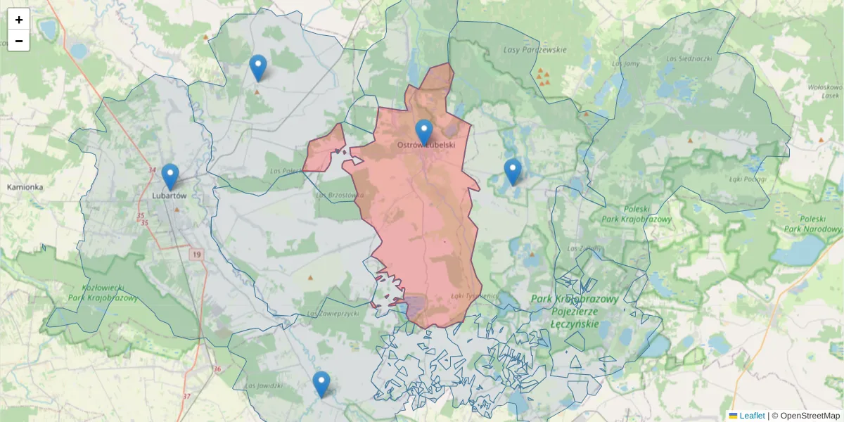Szczegółowa mapa kodu pocztowego 21-110 z granicami, sąsiednimi kodami pocztowymi i urzędami pocztowymi