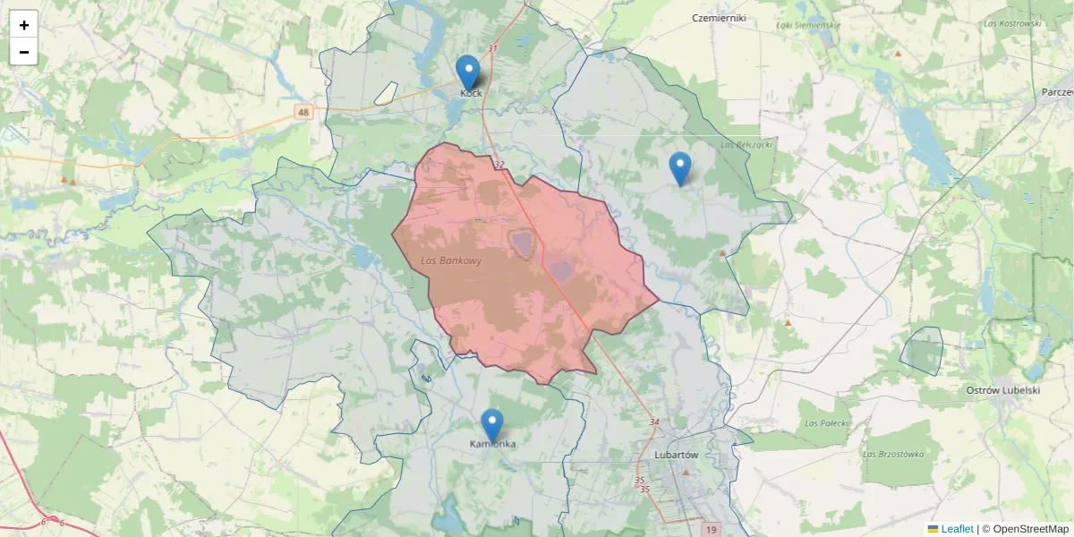 Szczegółowa mapa kodu pocztowego 21-136 z granicami, sąsiednimi kodami pocztowymi i urzędami pocztowymi
