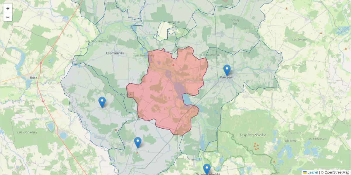 Szczegółowa mapa kodu pocztowego 21-220 z granicami, sąsiednimi kodami pocztowymi i urzędami pocztowymi