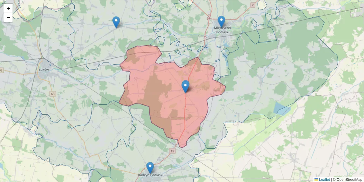Szczegółowa mapa kodu pocztowego 21-302 z granicami, sąsiednimi kodami pocztowymi i urzędami pocztowymi