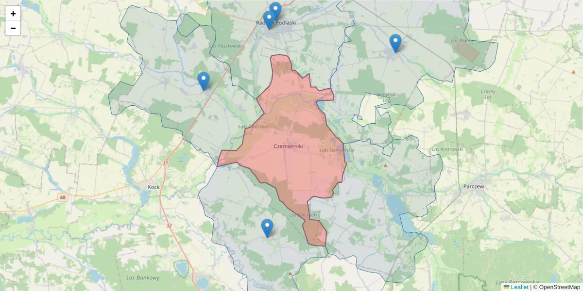 Szczegółowa mapa kodu pocztowego 21-306 z granicami, sąsiednimi kodami pocztowymi i urzędami pocztowymi