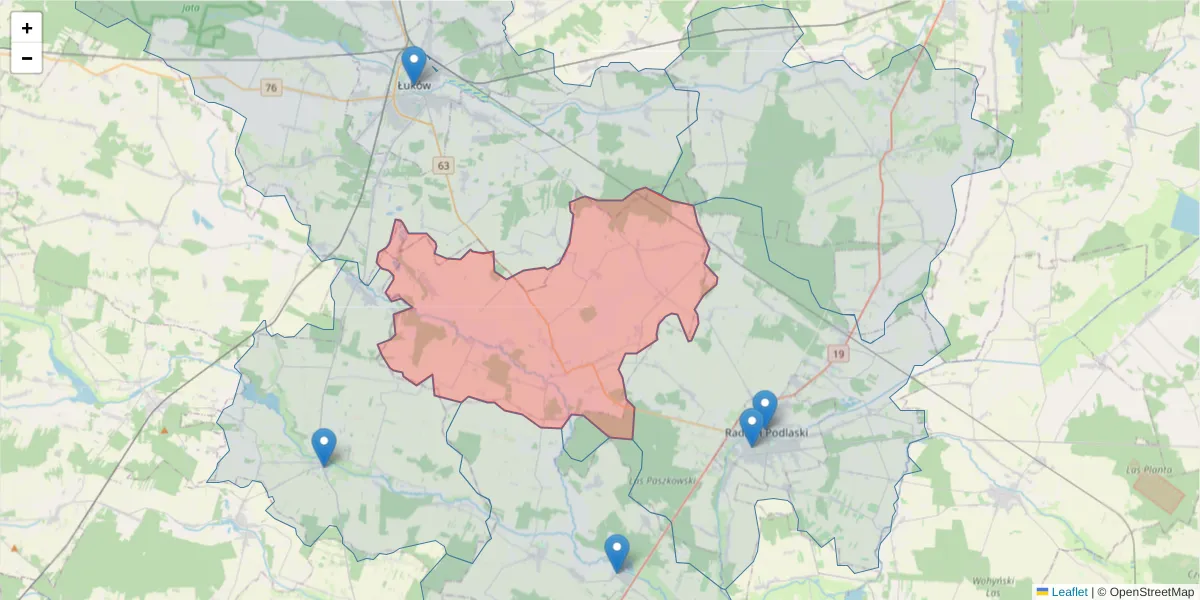 Szczegółowa mapa kodu pocztowego 21-307 z granicami, sąsiednimi kodami pocztowymi i urzędami pocztowymi