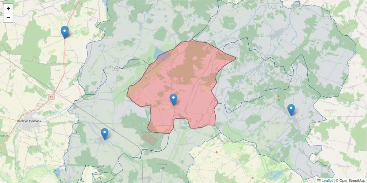 Szczegółowa mapa kodu pocztowego 21-311 z granicami, sąsiednimi kodami pocztowymi i urzędami pocztowymi