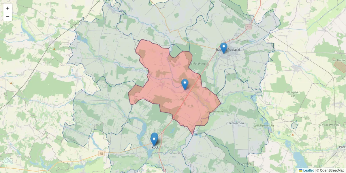 Szczegółowa mapa kodu pocztowego 21-345 z granicami, sąsiednimi kodami pocztowymi i urzędami pocztowymi