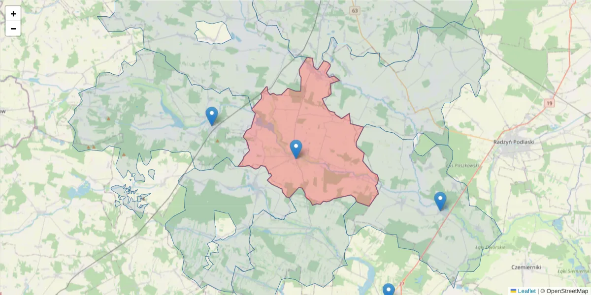 Szczegółowa mapa kodu pocztowego 21-411 z granicami, sąsiednimi kodami pocztowymi i urzędami pocztowymi