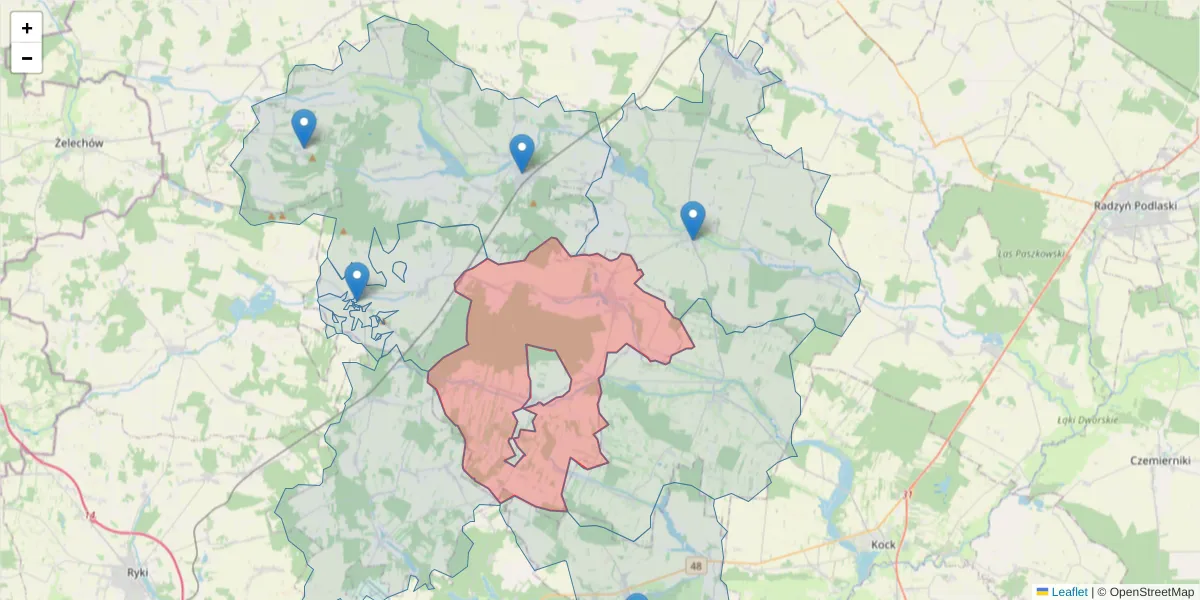 Szczegółowa mapa kodu pocztowego 21-412 z granicami, sąsiednimi kodami pocztowymi i urzędami pocztowymi