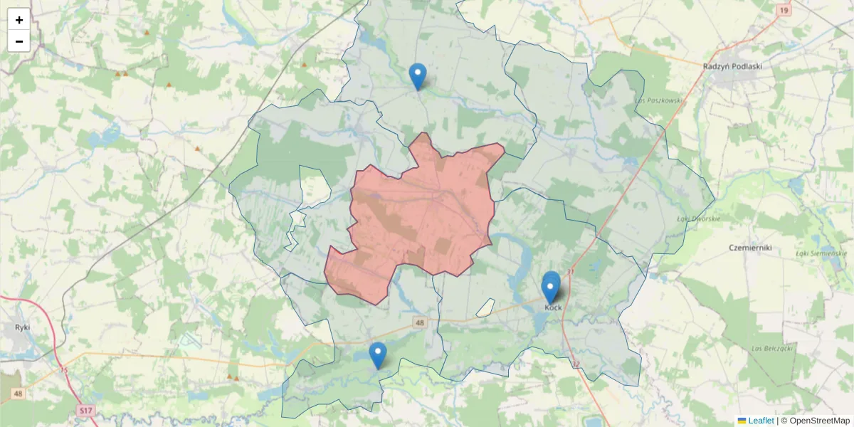 Szczegółowa mapa kodu pocztowego 21-413 z granicami, sąsiednimi kodami pocztowymi i urzędami pocztowymi