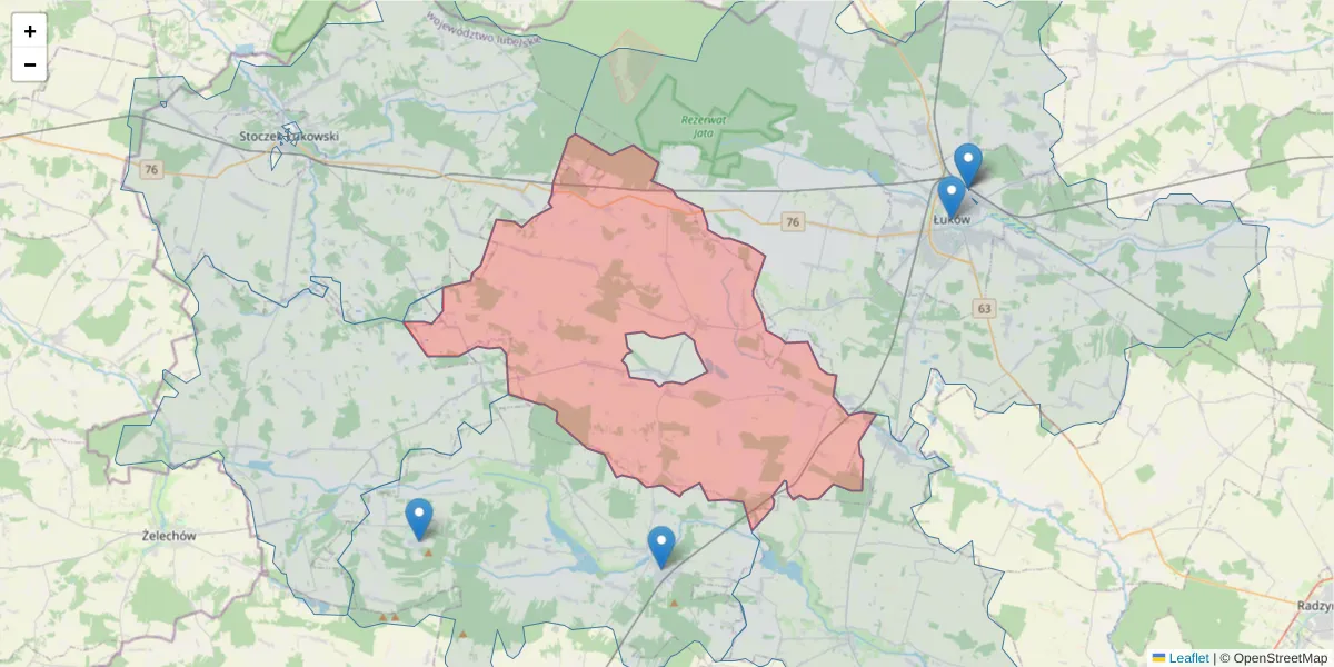 Szczegółowa mapa kodu pocztowego 21-421 z granicami, sąsiednimi kodami pocztowymi i urzędami pocztowymi