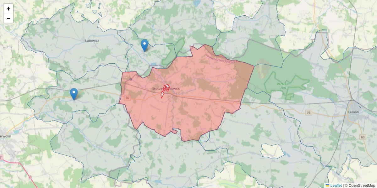 Szczegółowa mapa kodu pocztowego 21-450 z granicami, sąsiednimi kodami pocztowymi i urzędami pocztowymi