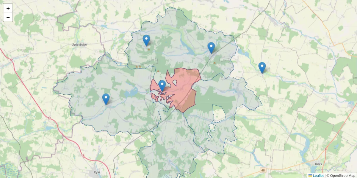 Szczegółowa mapa kodu pocztowego 21-480 z granicami, sąsiednimi kodami pocztowymi i urzędami pocztowymi